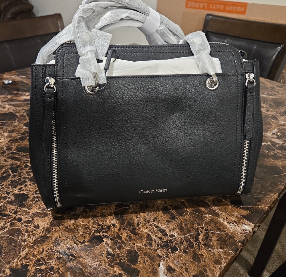 Calvin Klein Black Pebbled Leather Satchel with Silver Hardware